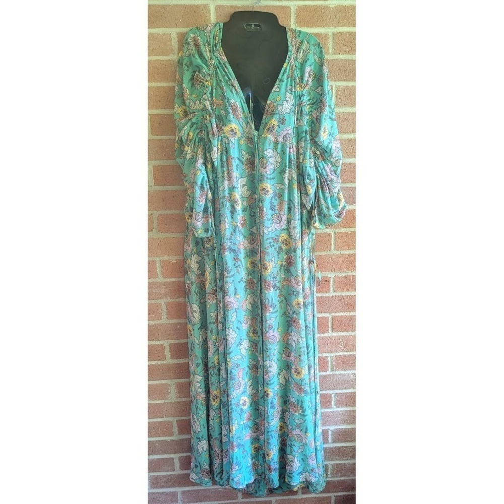 Free People Earthfolk Duster Dress M Flowy Button Runched Boho Cottagecore New - Picture 2 of 16